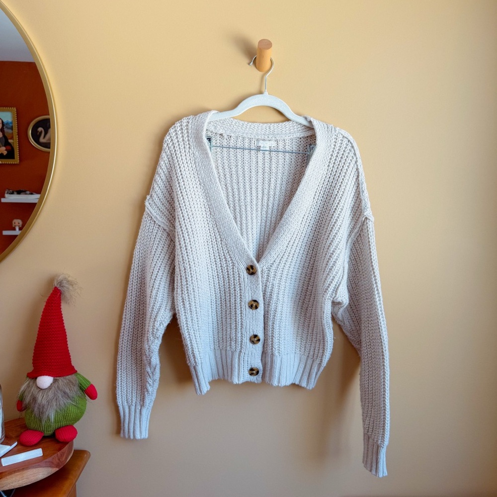 Full Tilt Chunky Knit Button Front Cardigan Cream Cable Arm Size M